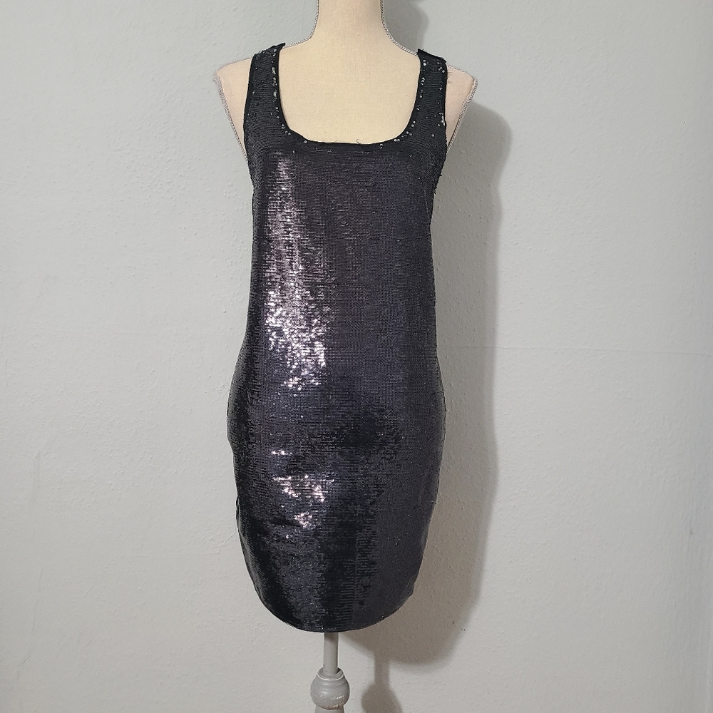 Zara Evening Collection‎ Black Sequin Tank Racerback Sheath Slip Mini Dress Med